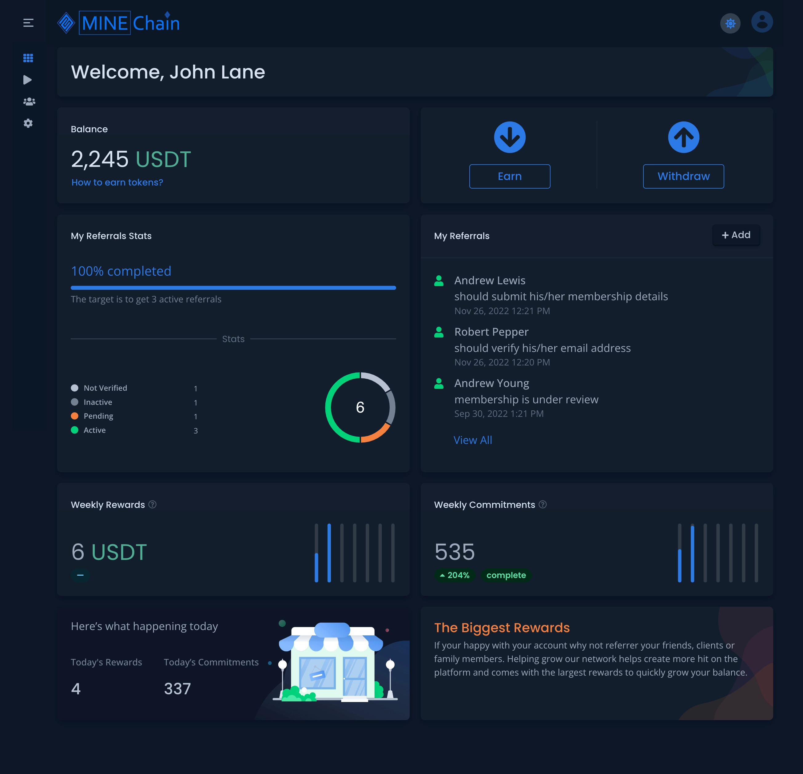 Minechain community feed showing posts from members